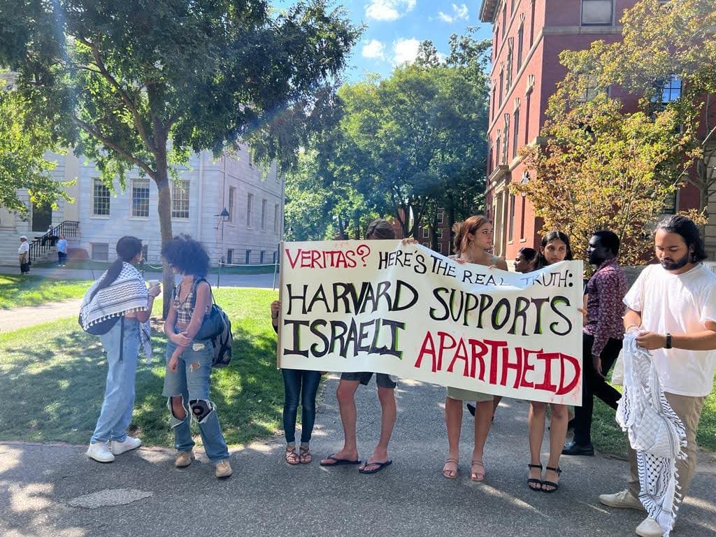 New York Sun archives
Anti-Israel student activists demonstrate at a Harvard convocation for entering first-year students in Tercentenary Theater at Harvard Yard, Cambridge, Massachusetts, August 30, 2022.