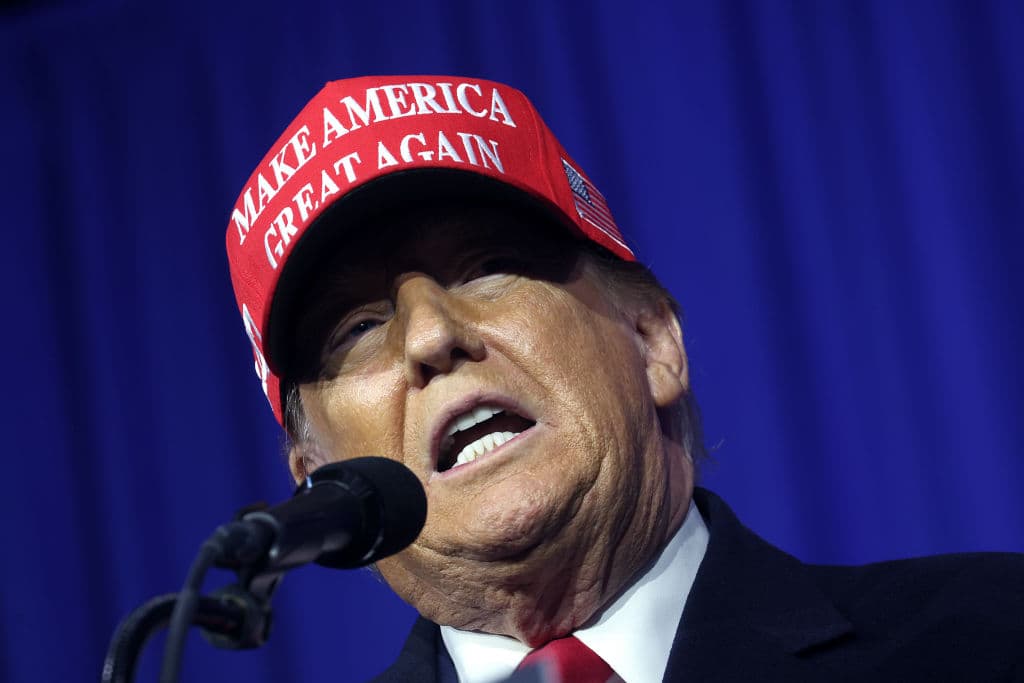 Scott Olson/Getty Images President Trump speaks to supporters during a rally on February 17, 2024, at Waterford, Michigan.