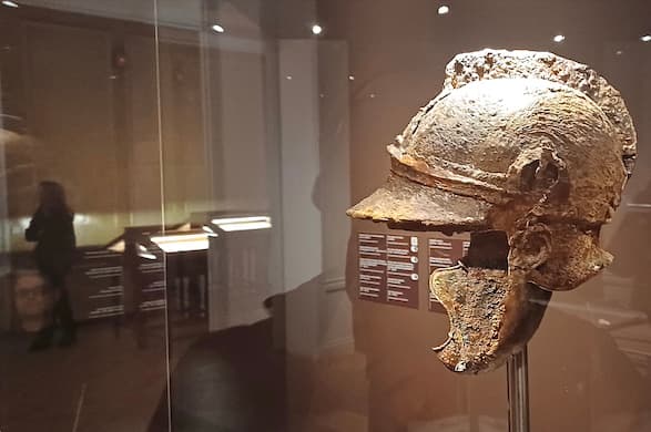 Anthony Grant/The New York Sun Bronze helmet of one King Philip II's Macedonian warriors from the Battle of Chaeronea, on display at the Museum of Cycladic Art at downtown Athens.
